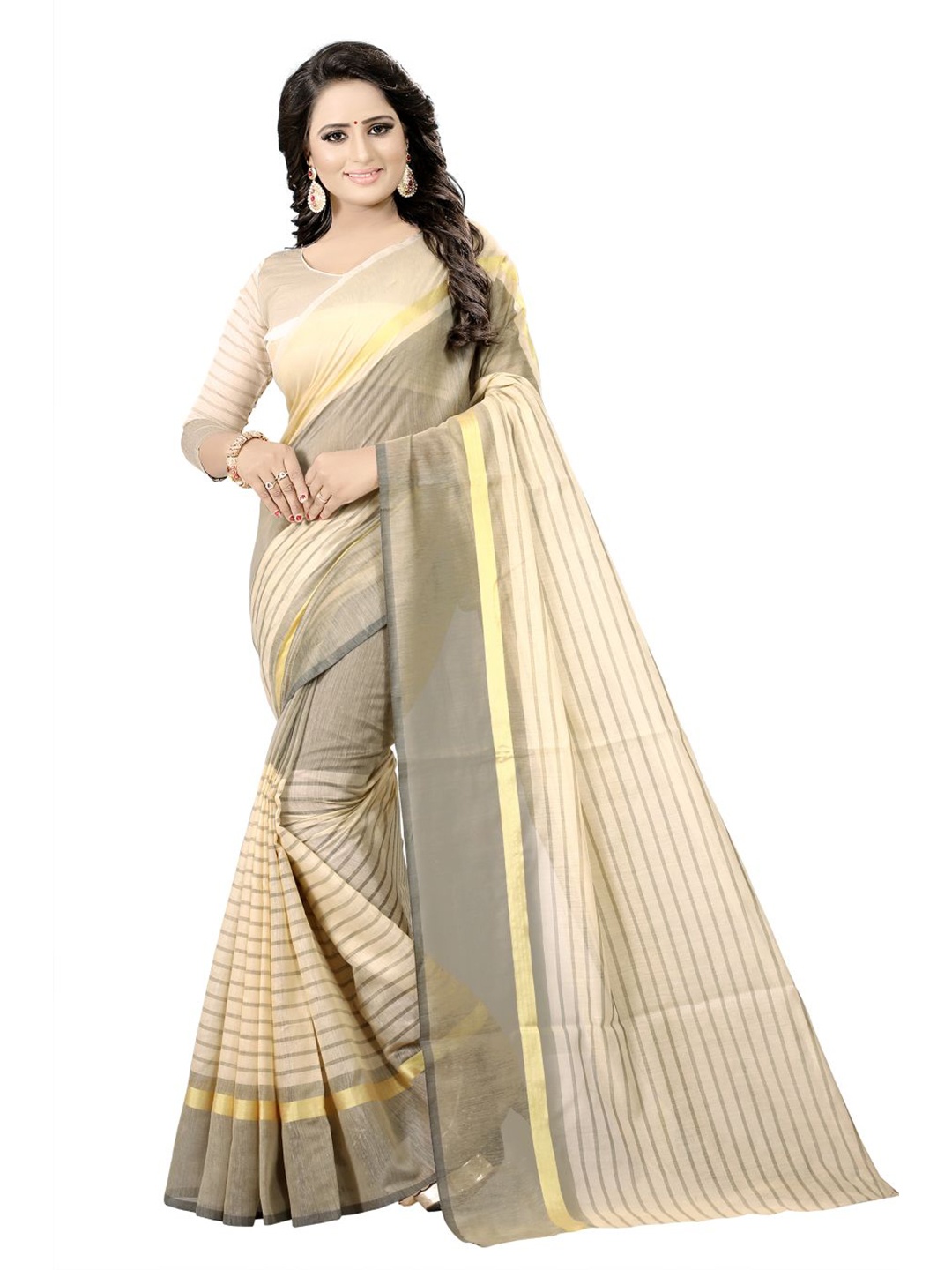 

SAADHVI Cream-Coloured & Golden Striped Cotton Silk Saree