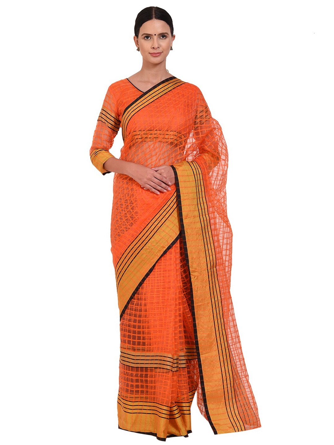 

SAADHVI Orange Checked Cotton Silk Saree