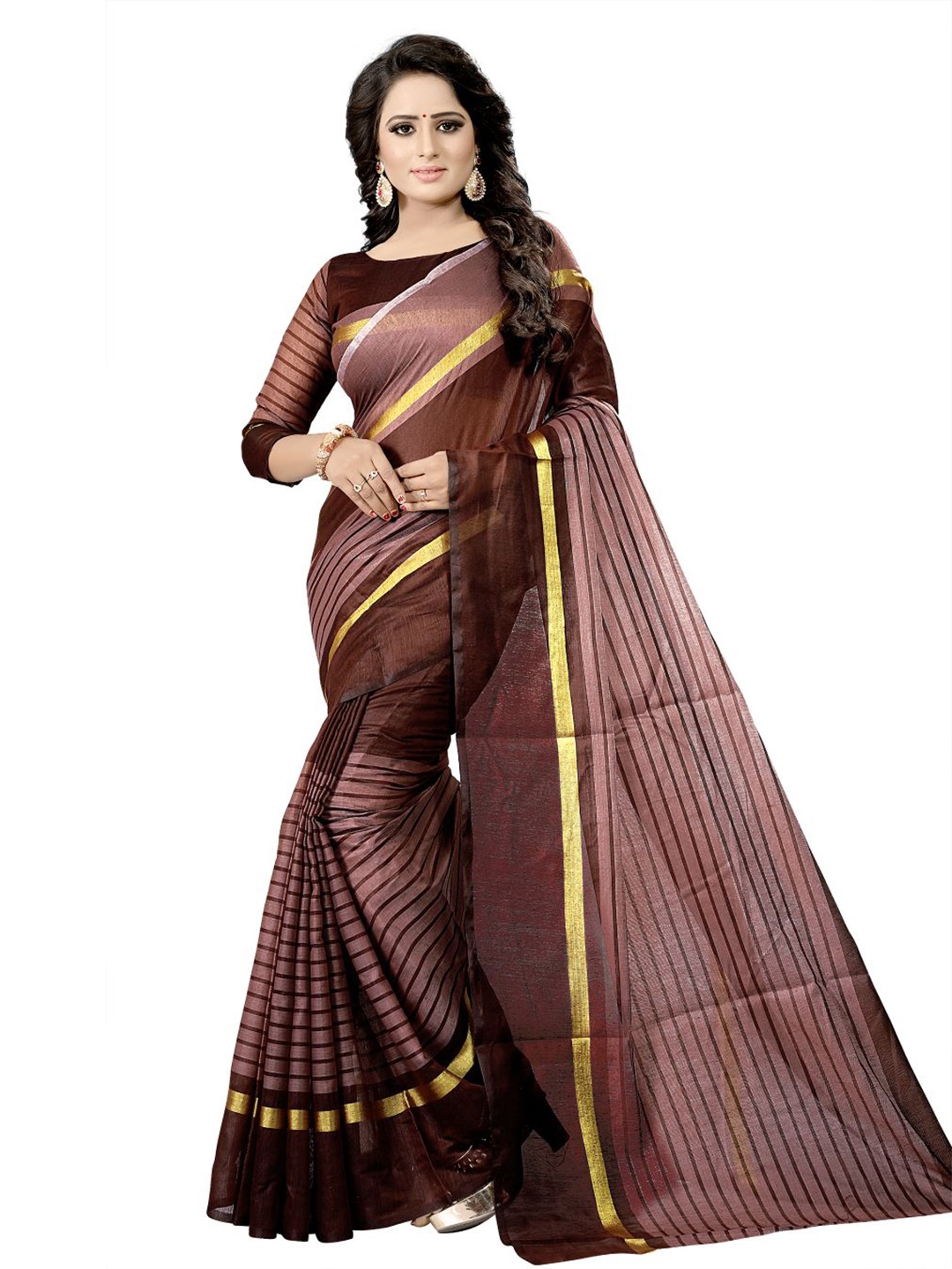

SAADHVI Brown & Gold-Toned Striped Saree