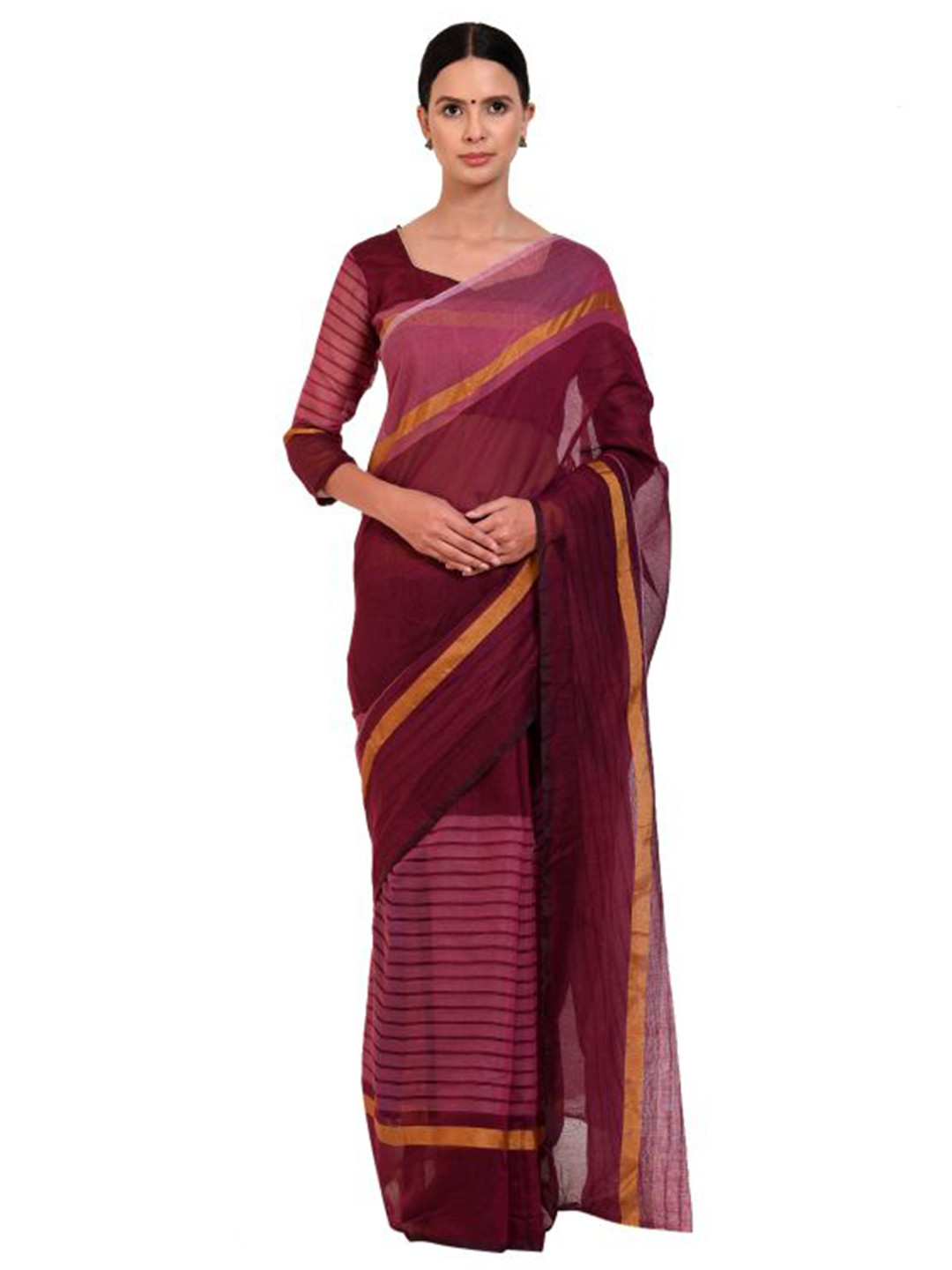 

SAADHVI Burgundy & Gold-Toned Striped Cotton Silk Saree