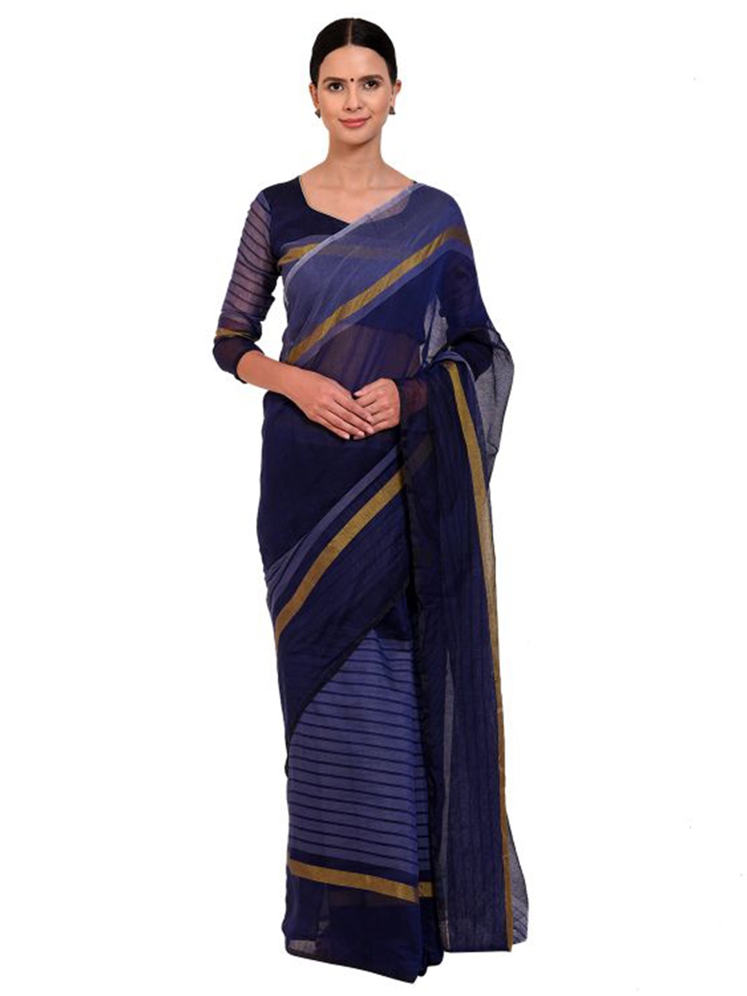 

SAADHVI Navy Blue & Gold-Toned Striped Zari Saree