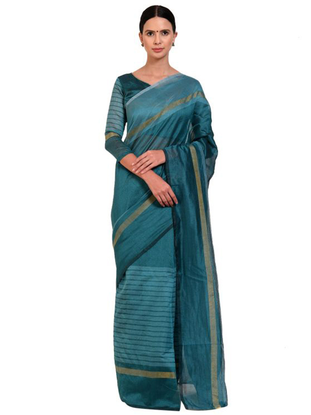 

SAADHVI Teal & Gold-Toned Striped Zari Saree