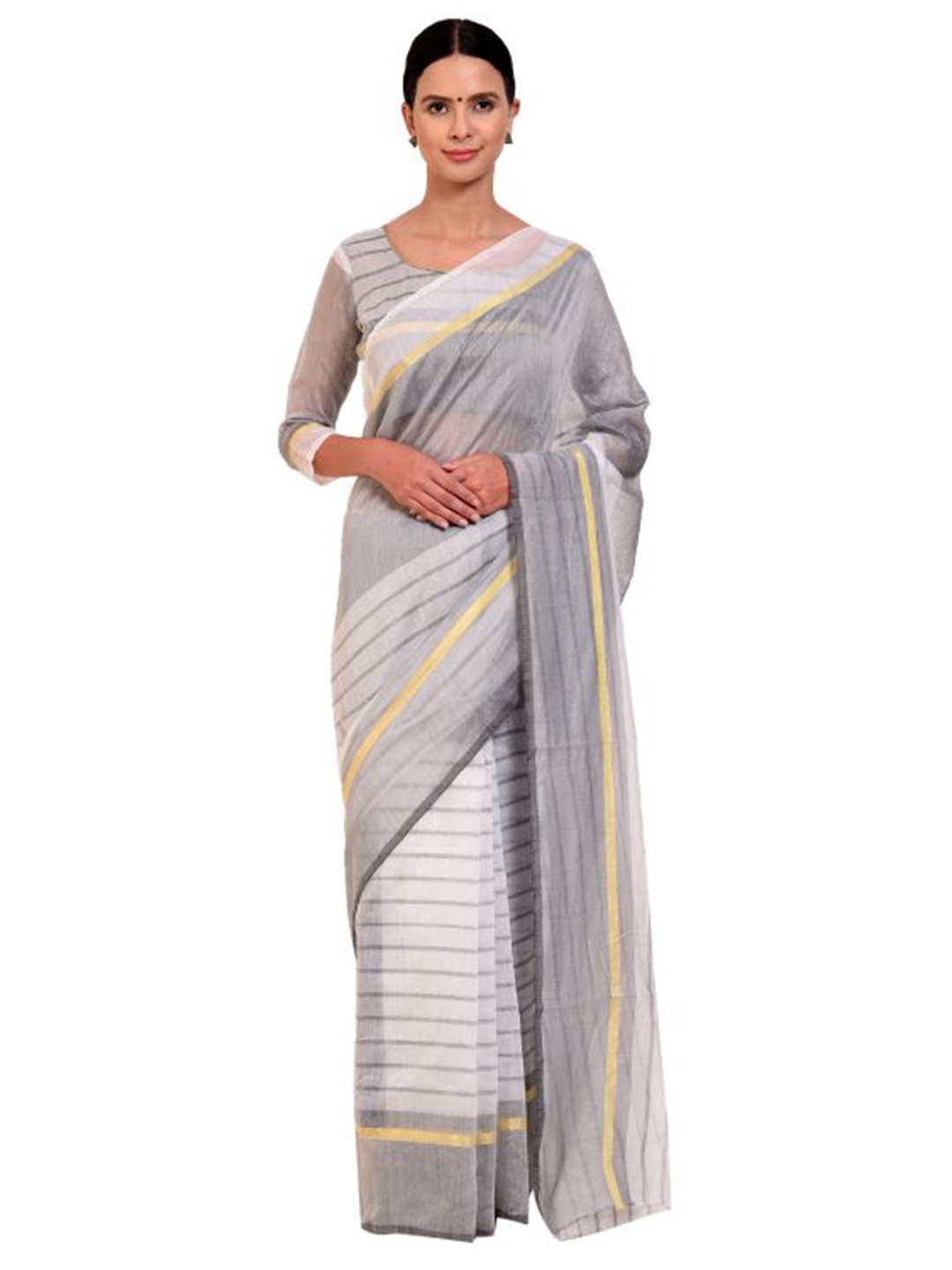 

SAADHVI White & Grey Striped Saree