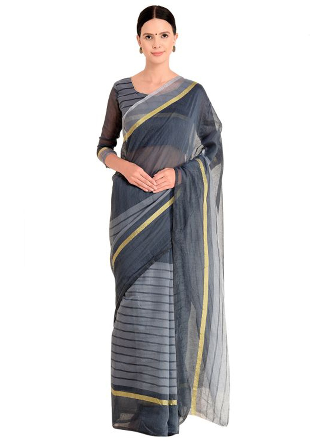 

SAADHVI Grey & Golden Striped Cotton Silk Saree