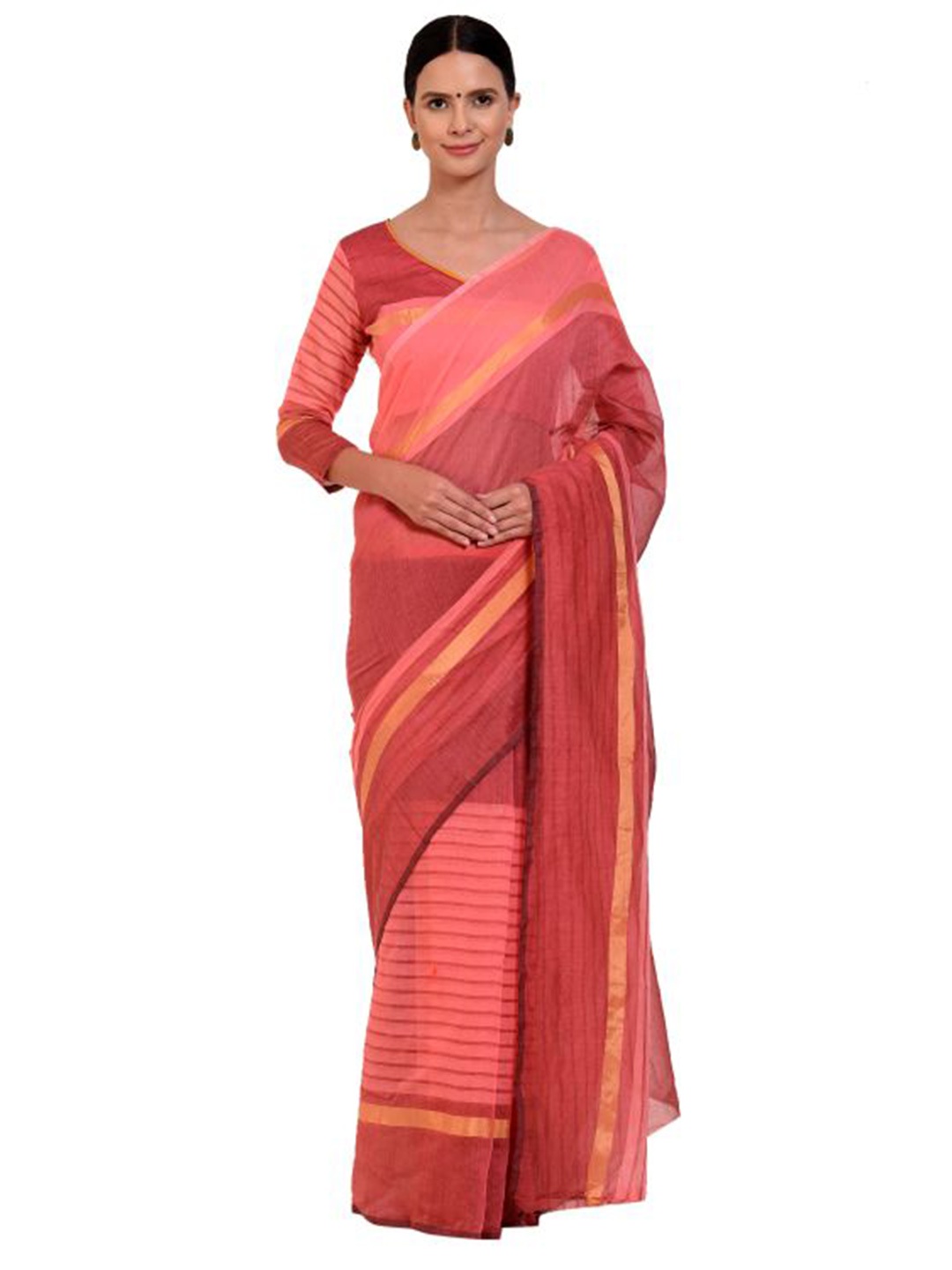 

SAADHVI Pink & Red Striped Cotton Silk Saree