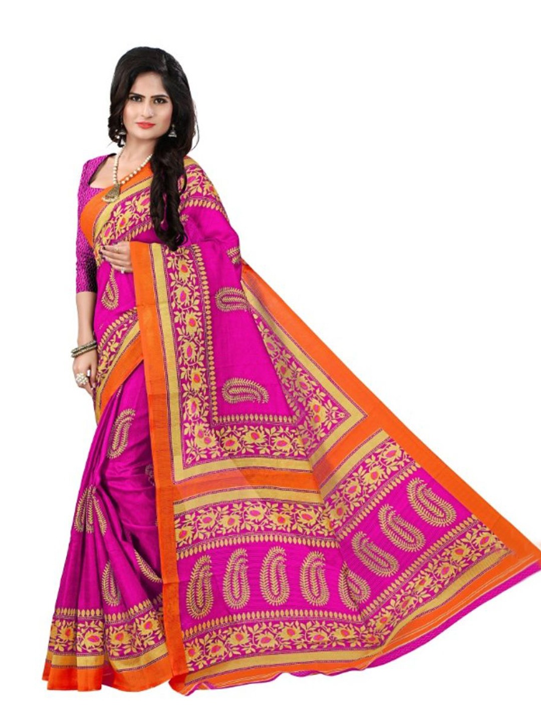 

SAADHVI Pink & Orange Paisley Printed Art Silk Saree