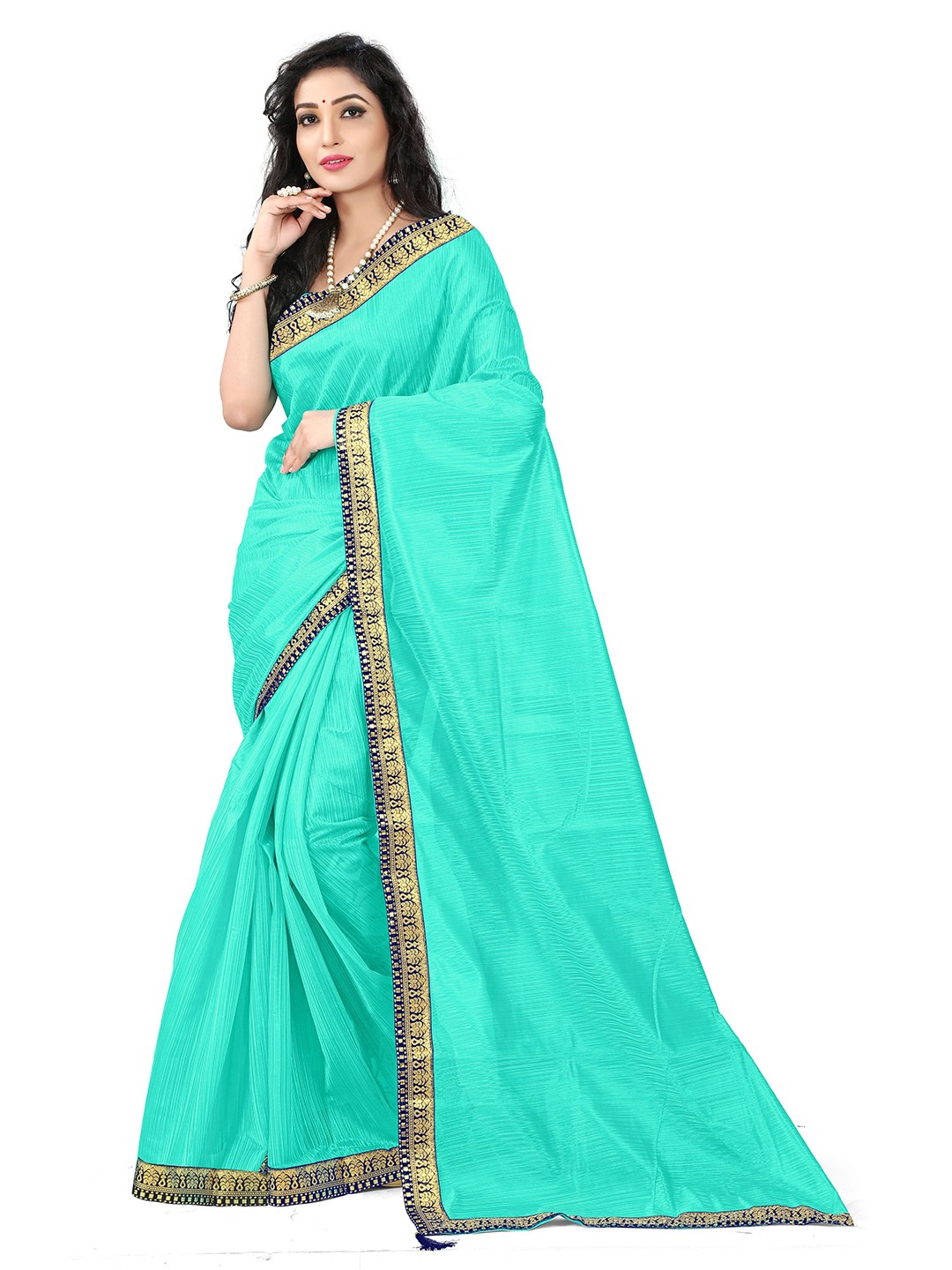 

SAADHVI Sea Green & Gold-Toned Zari Art Silk Saree