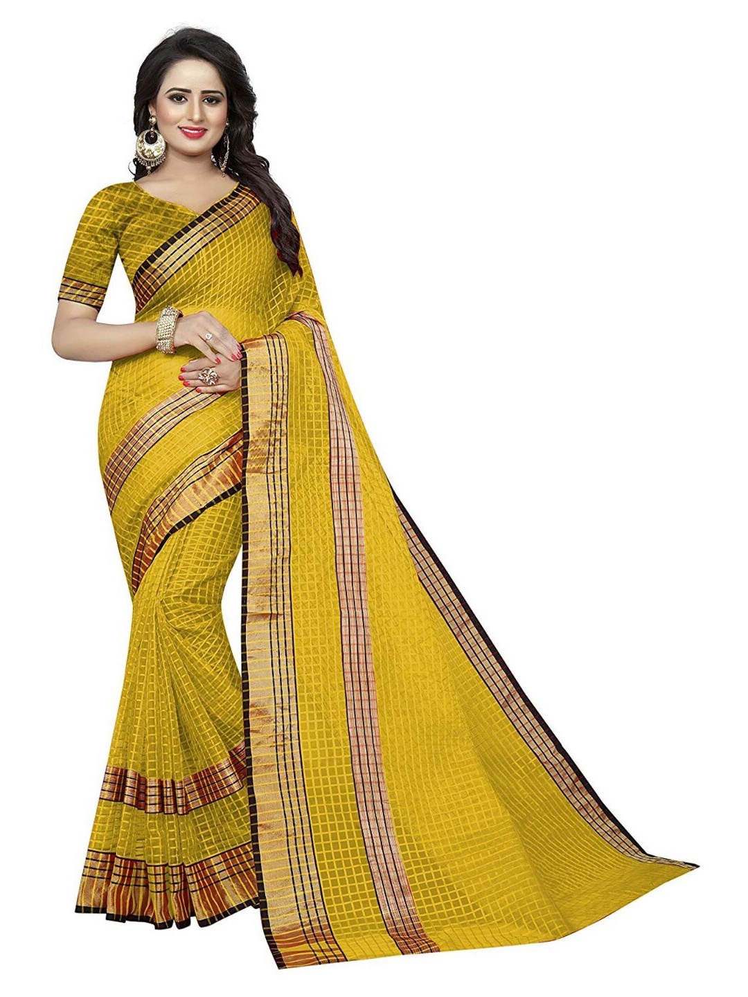 

SAADHVI Yellow & Golden Checked Cotton Silk Saree