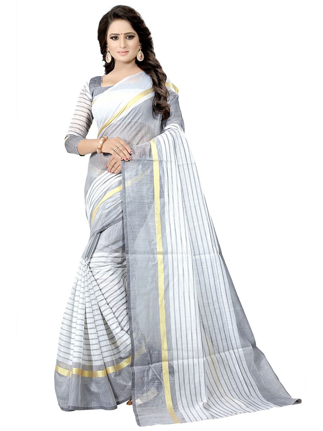 

SAADHVI White & Grey Striped Cotton Silk Saree