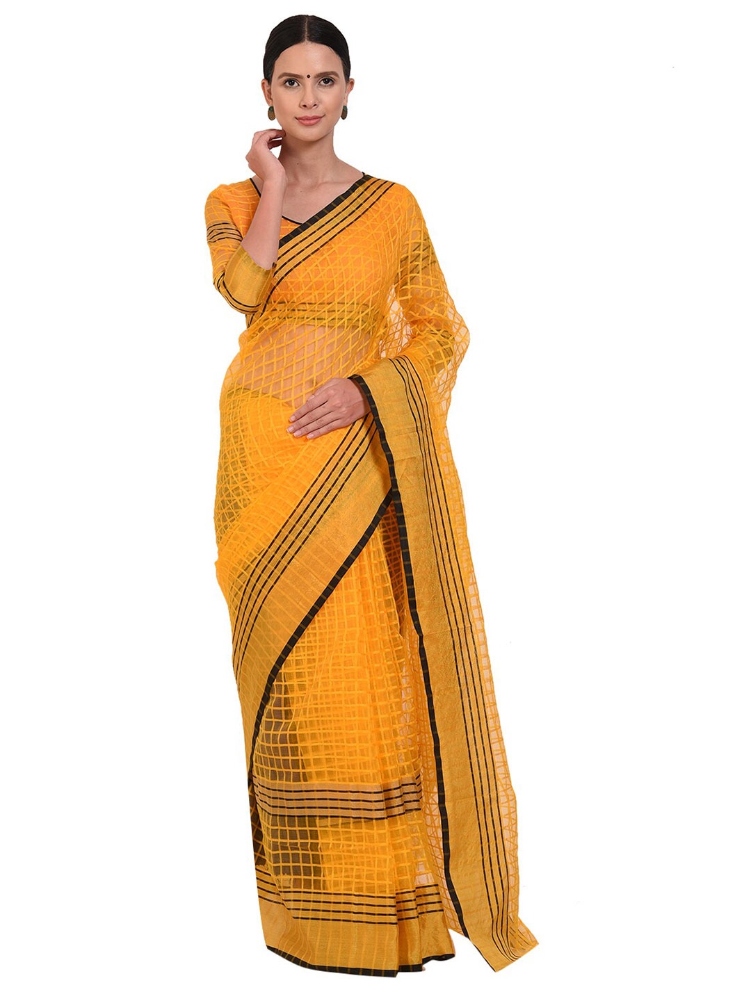 

SAADHVI Yellow & Black Checked Saree