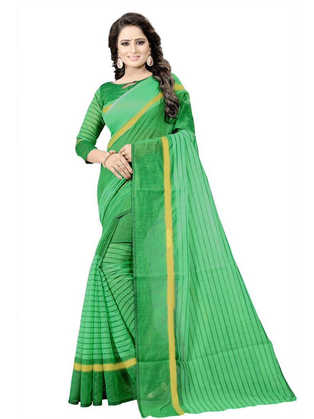 

SAADHVI Green & Gold-Toned Striped Zari Saree
