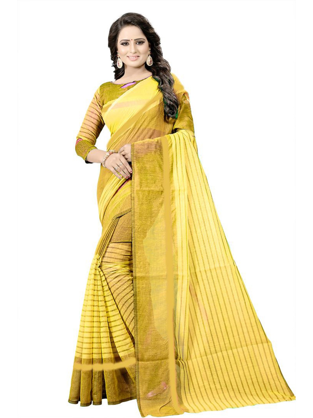 

SAADHVI Yellow Striped Cotton Silk Saree