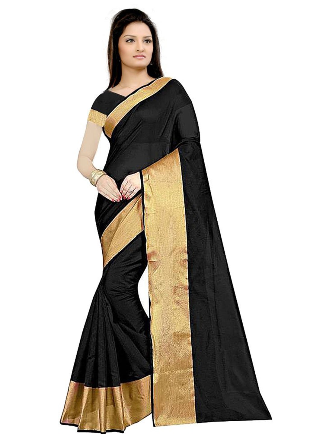 

SAADHVI Black & Gold-Toned Zari Cotton Silk Saree