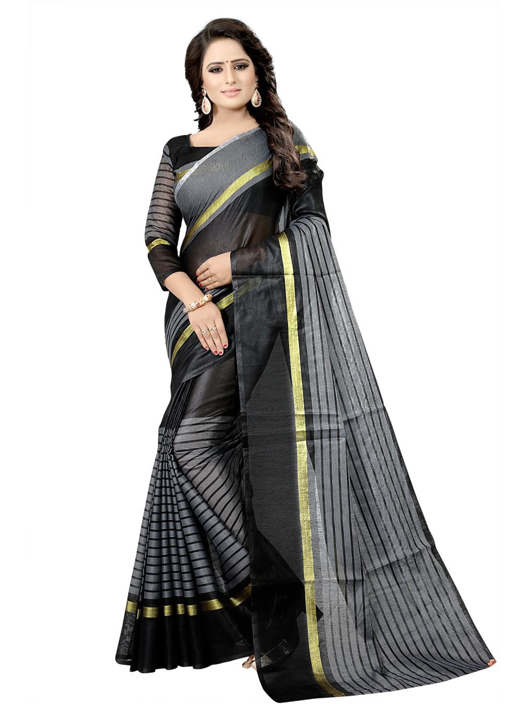 

SAADHVI Black & Grey Striped Zari Silk Cotton Saree