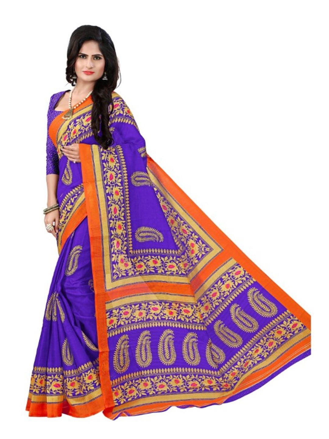 

SAADHVI Blue & Orange Paisley Art Silk Saree