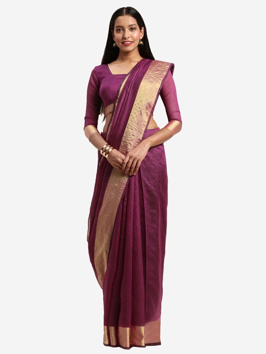 

SAADHVI Burgundy & Gold-Toned Zari Cotton Silk Saree