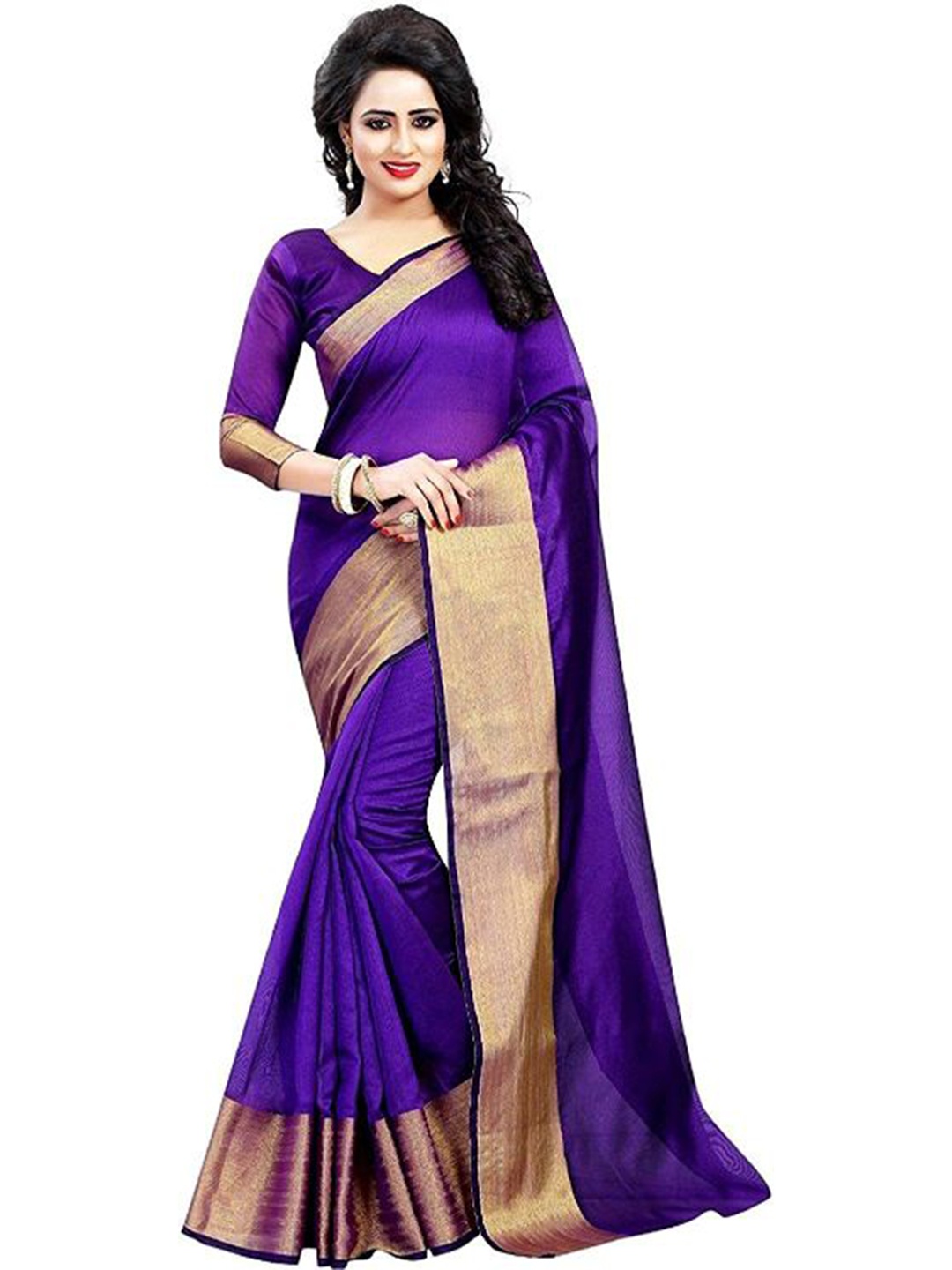 

SAADHVI Purple & Golden Solid Zari Silk Cotton Saree