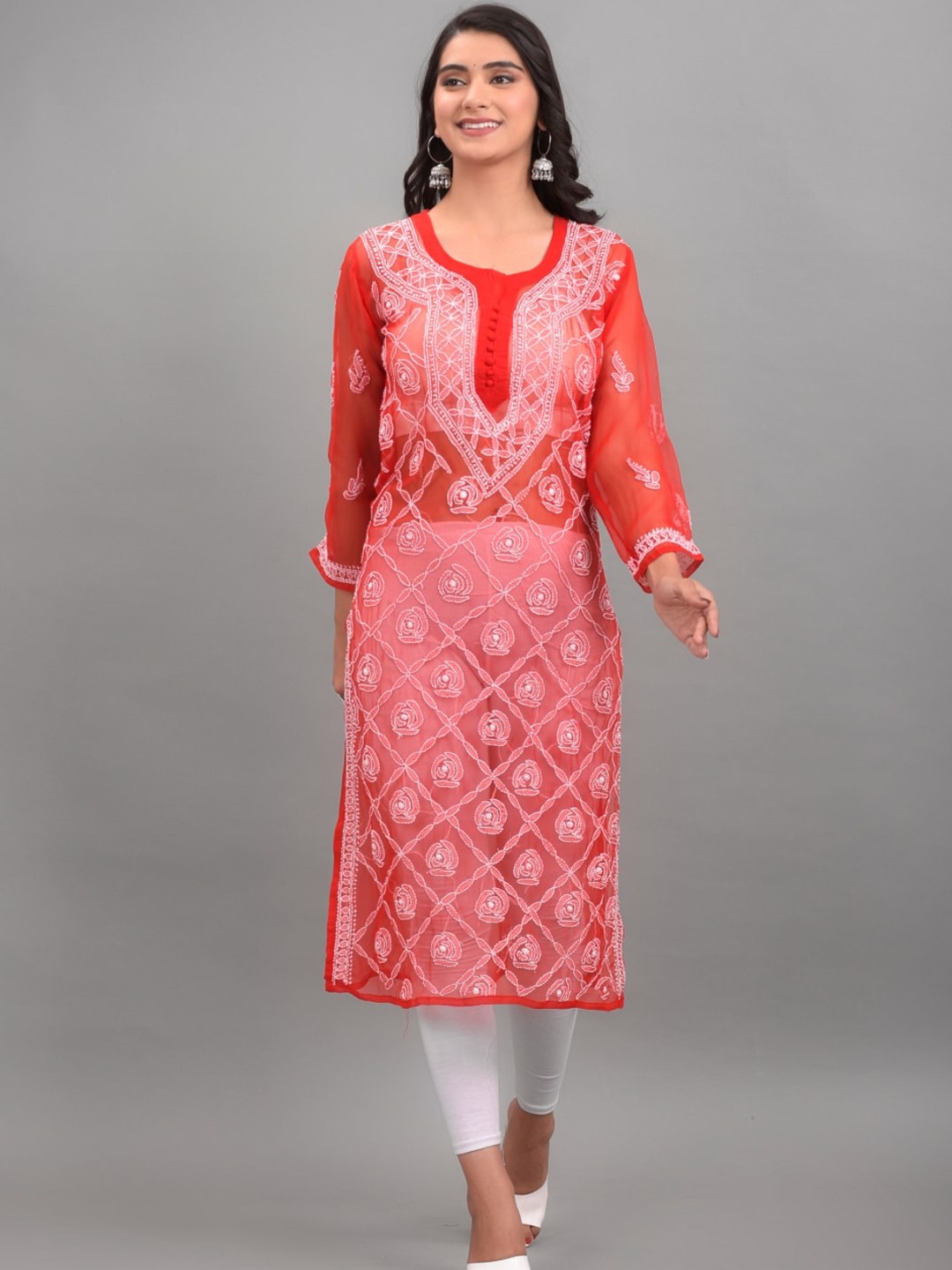 

Apratim Women Red Floral Printed Chikankari Georgette Kurta