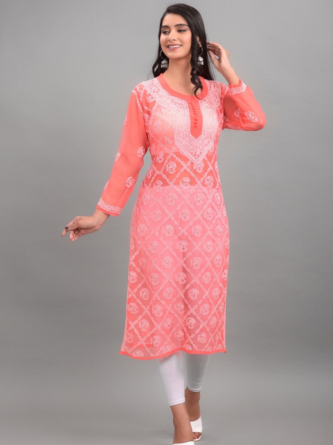 

Apratim Women Peach-Coloured Ethnic Motifs Embroidered Chikankari Georgette Kurta