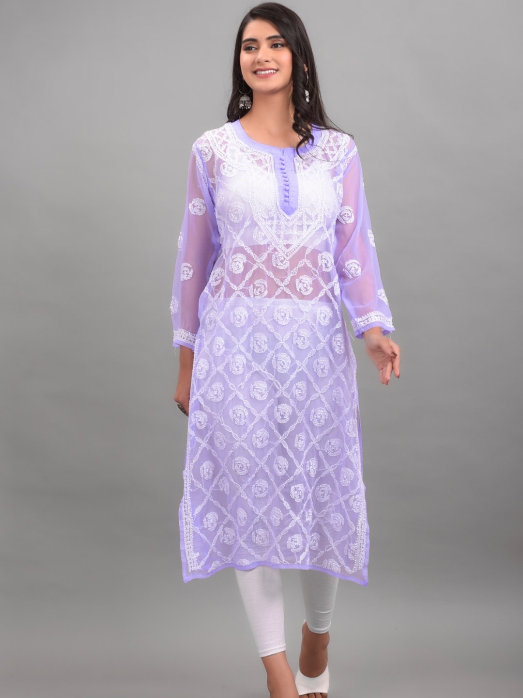 

Apratim Mauve Ethnic Motifs Embroidered Chikankari Pastels Georgette Kurta