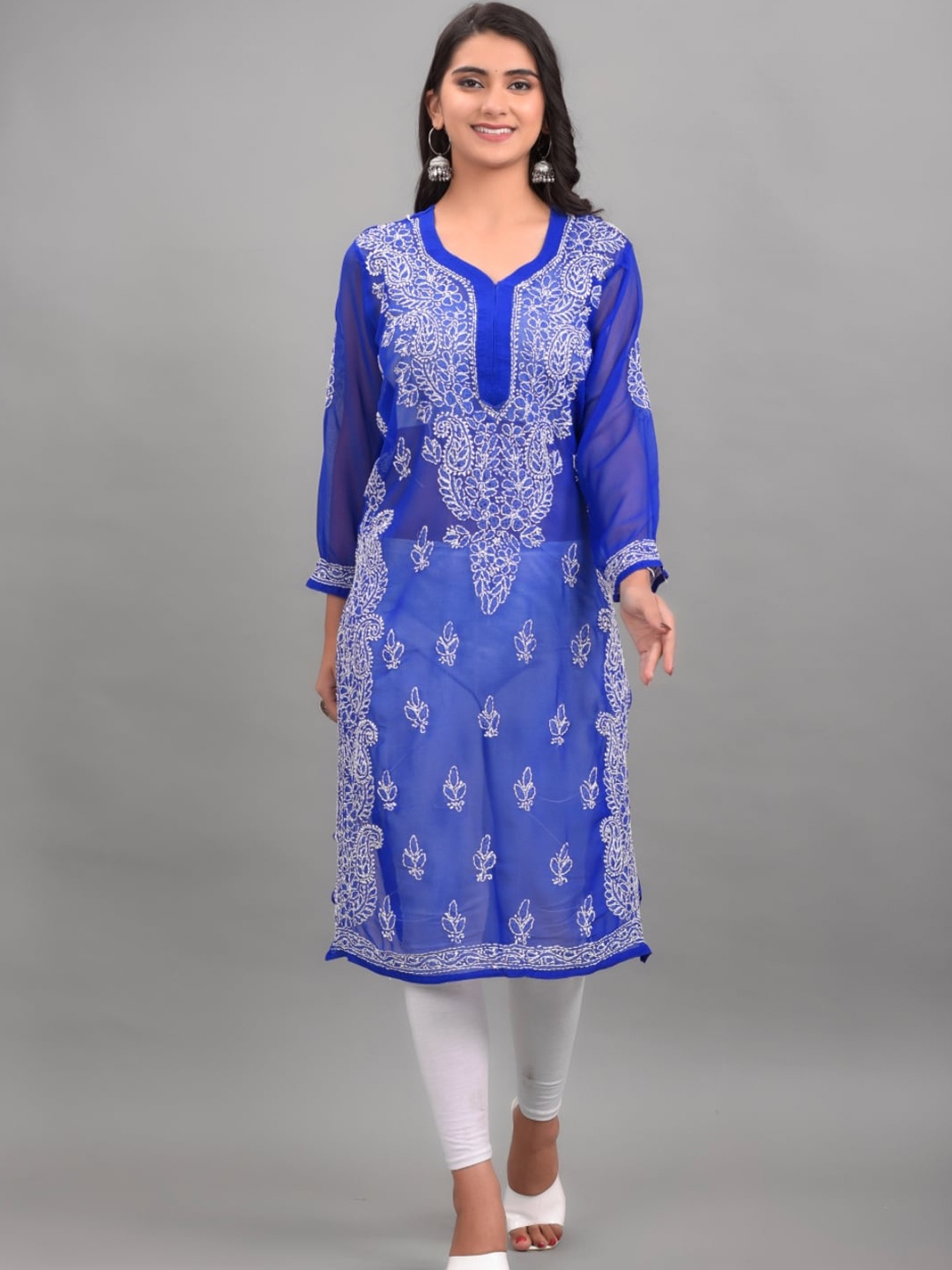 

Apratim Women Blue & White Ethnic Motifs Embroidered Chikankari Georgette Kurta