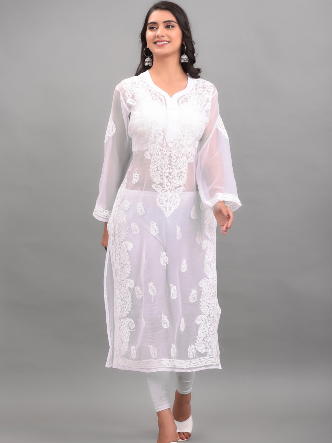 

Apratim Women White Ethnic Motifs Embroidered Flared Sleeves Chikankari Georgette Kurta