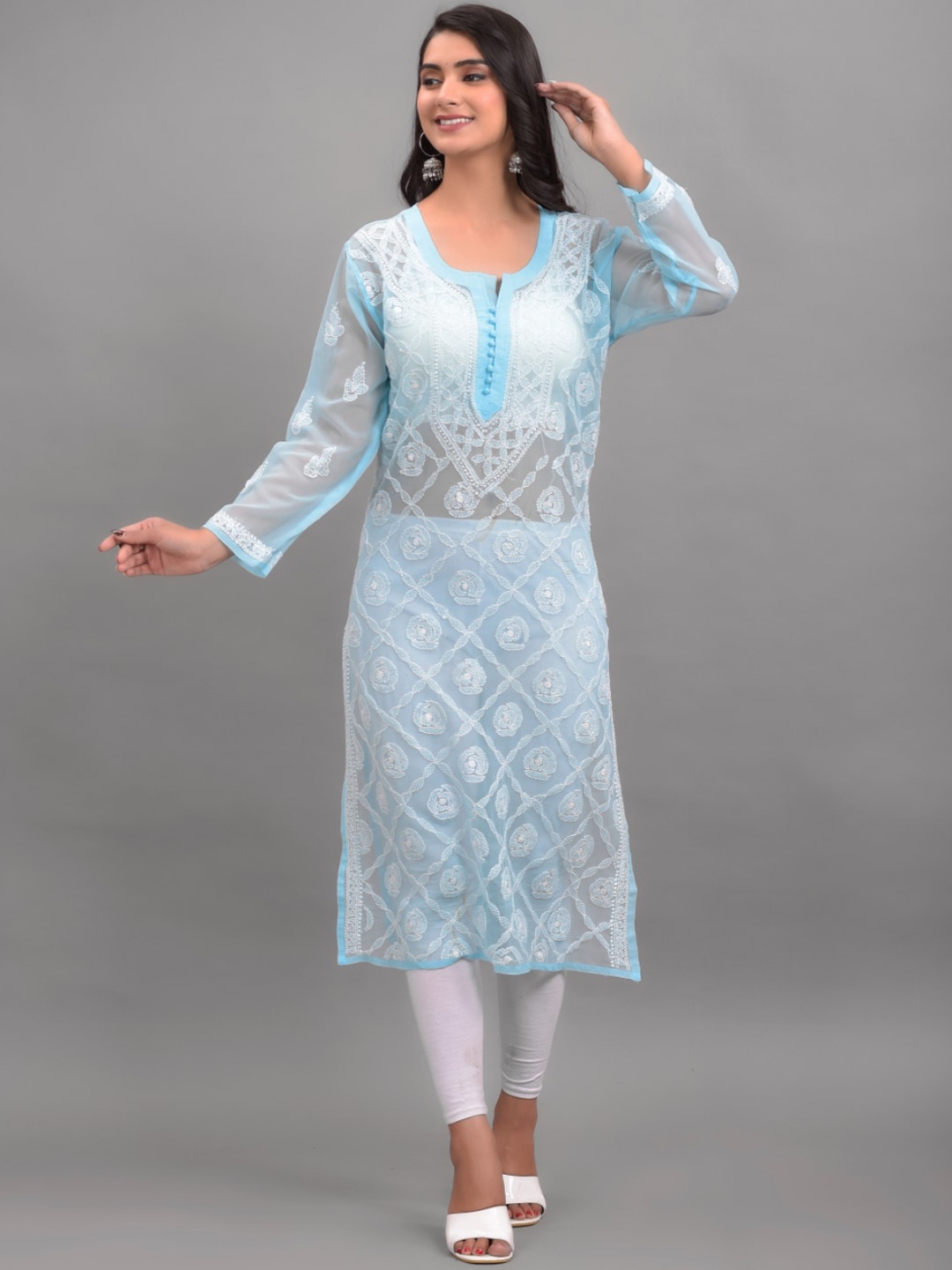 

Apratim Women Turquoise Blue Ethnic Motifs Embroidered Chikankari Georgette Kurta
