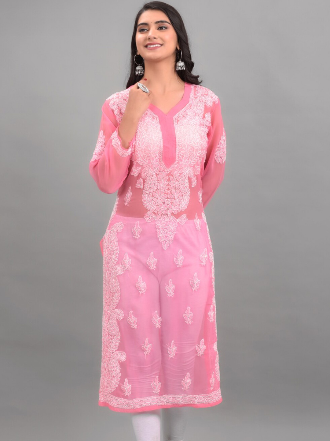 

Apratim Women Pink Embroidered Georgette Kurta