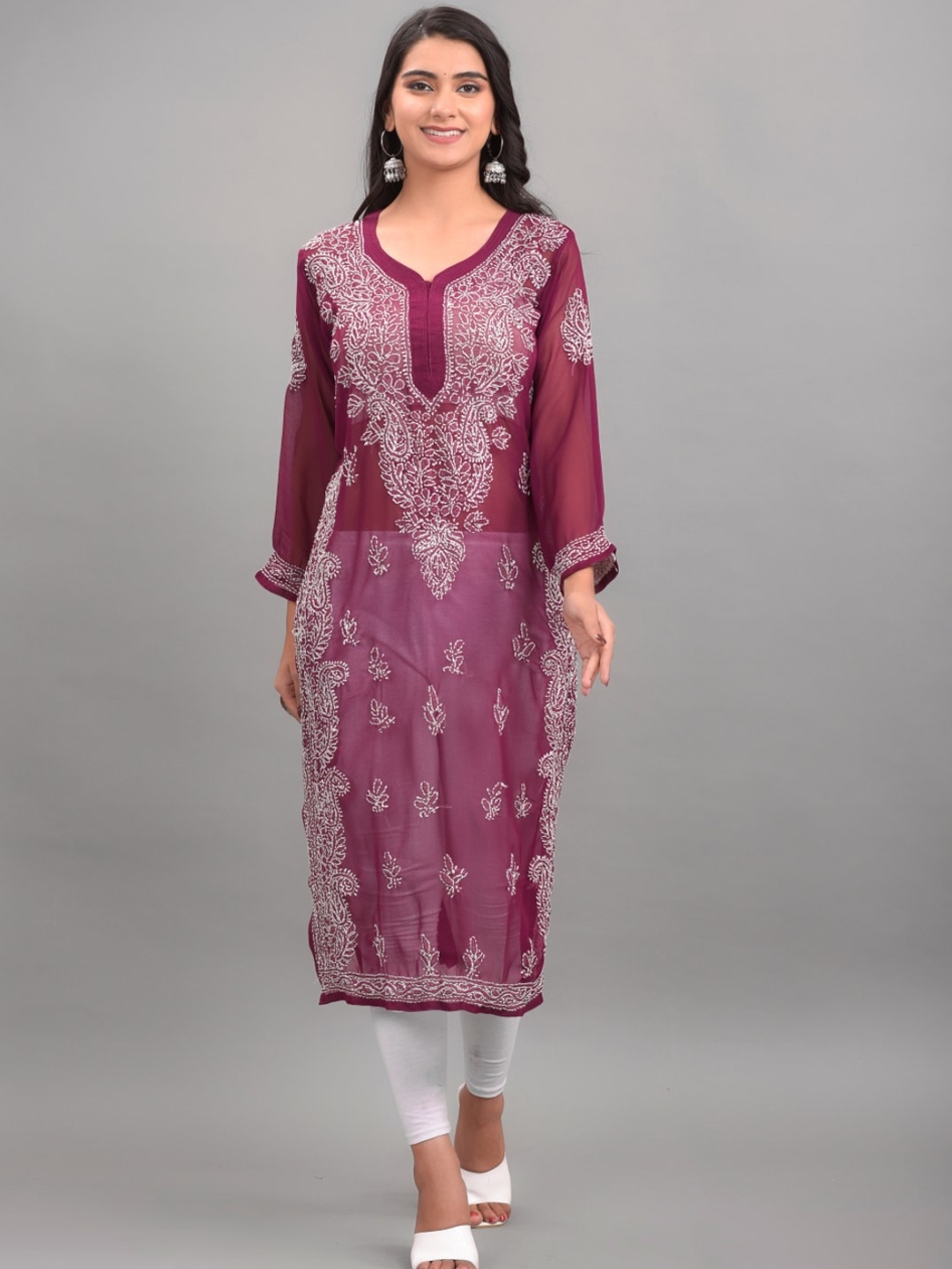 

Apratim Women Maroon Ethnic Motifs Chikankari Embroidered Georgette Kurta