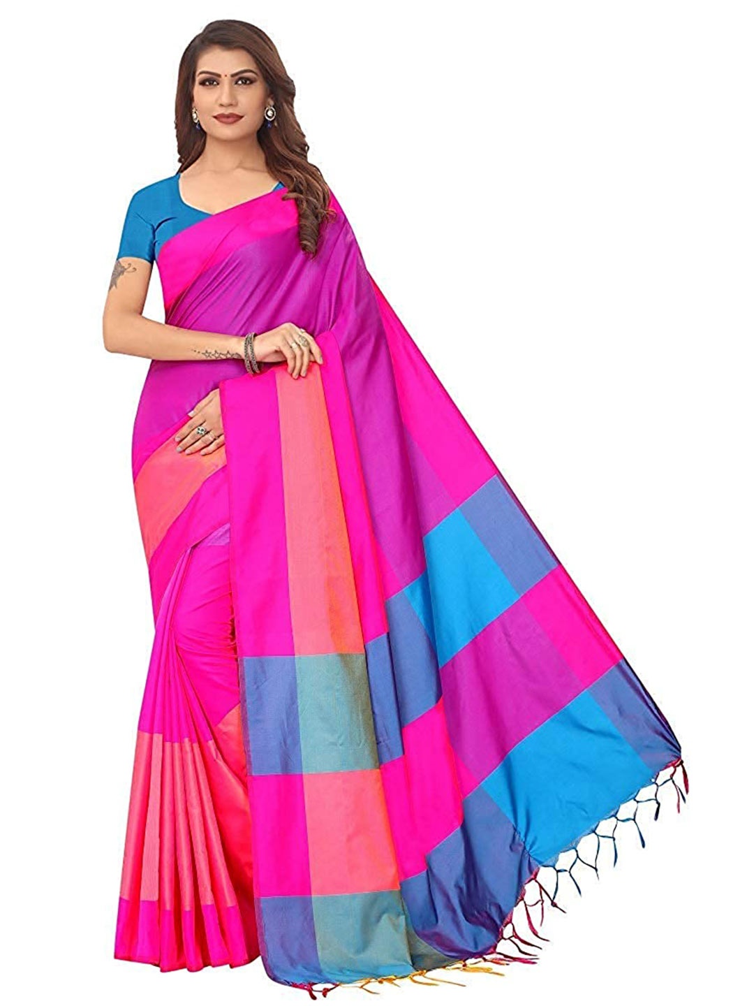 

SAADHVI Pink & Blue Colourblocked Silk Blend Saree