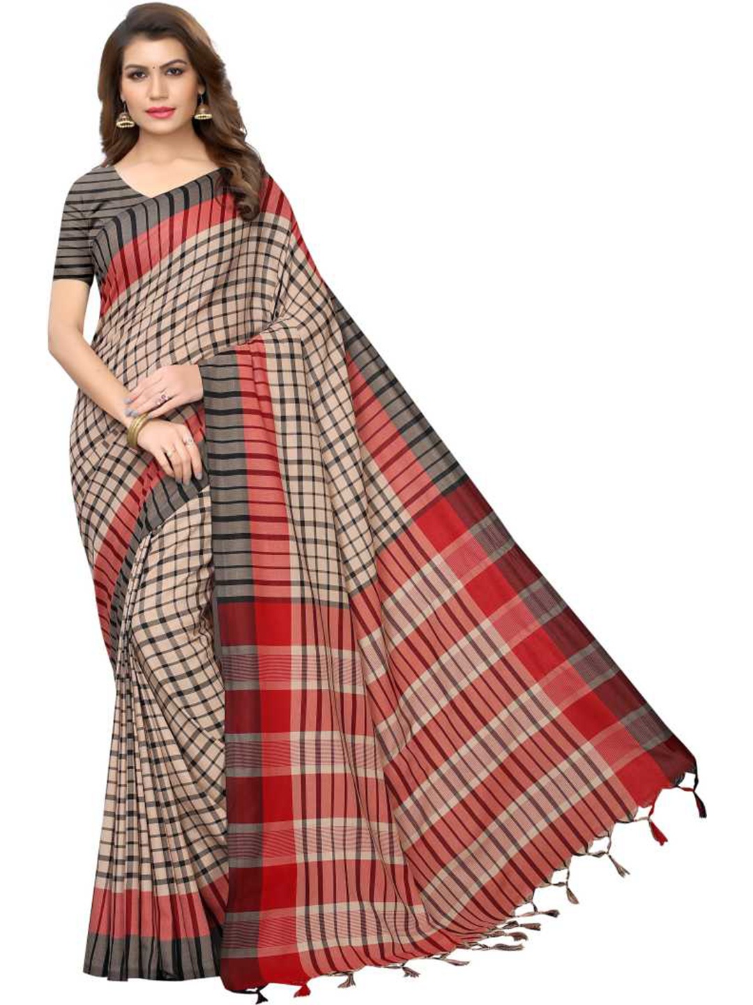 

SAADHVI Black & Red Checked Silk Blend Saree