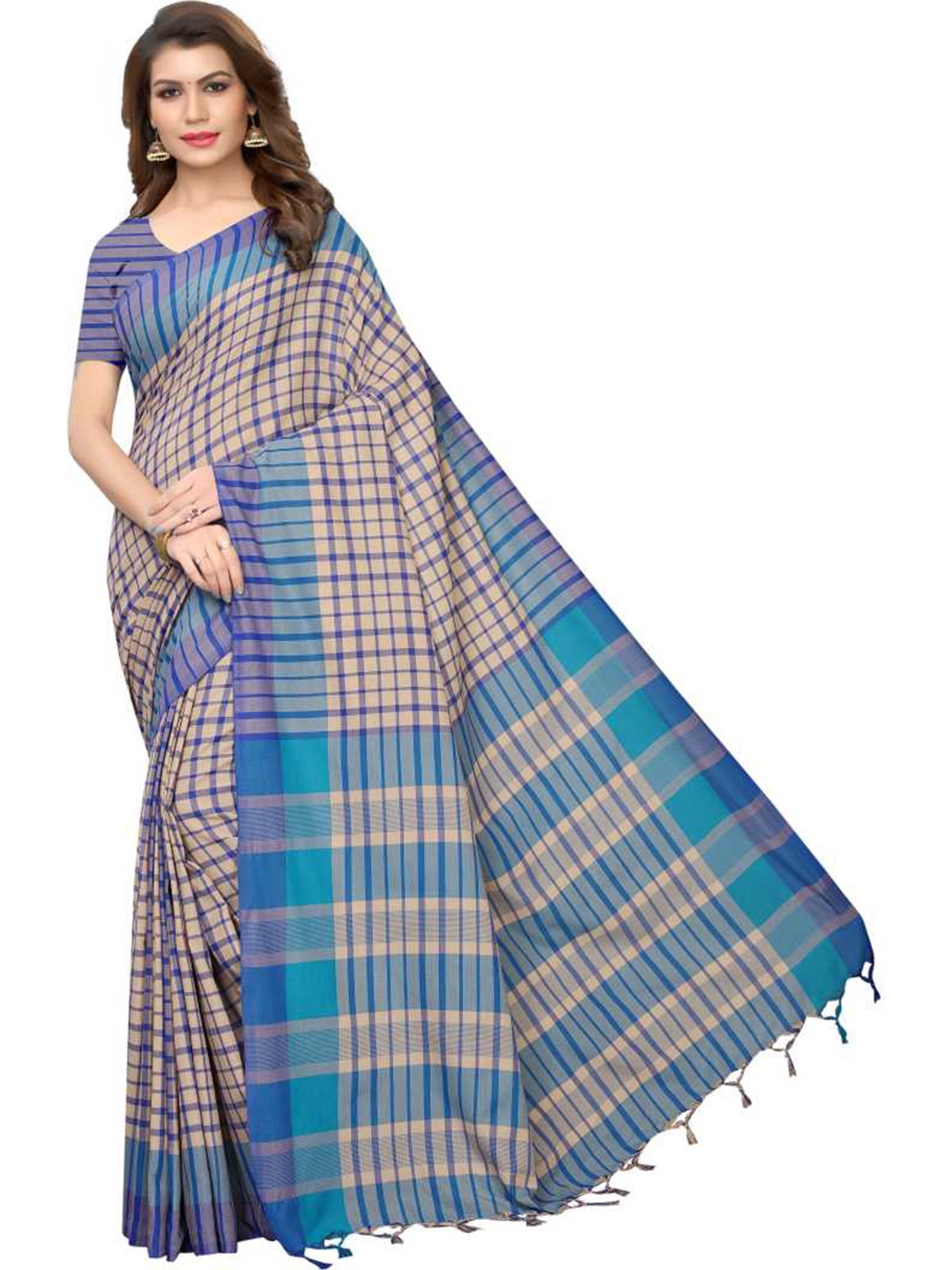 

SAADHVI Blue & Beige Checked Silk Blend Saree