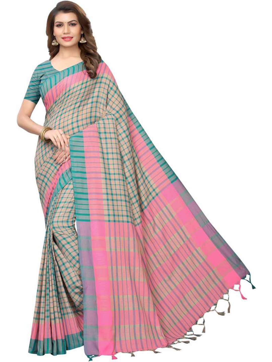 

SAADHVI Pink & Blue Checked Silk Blend Saree