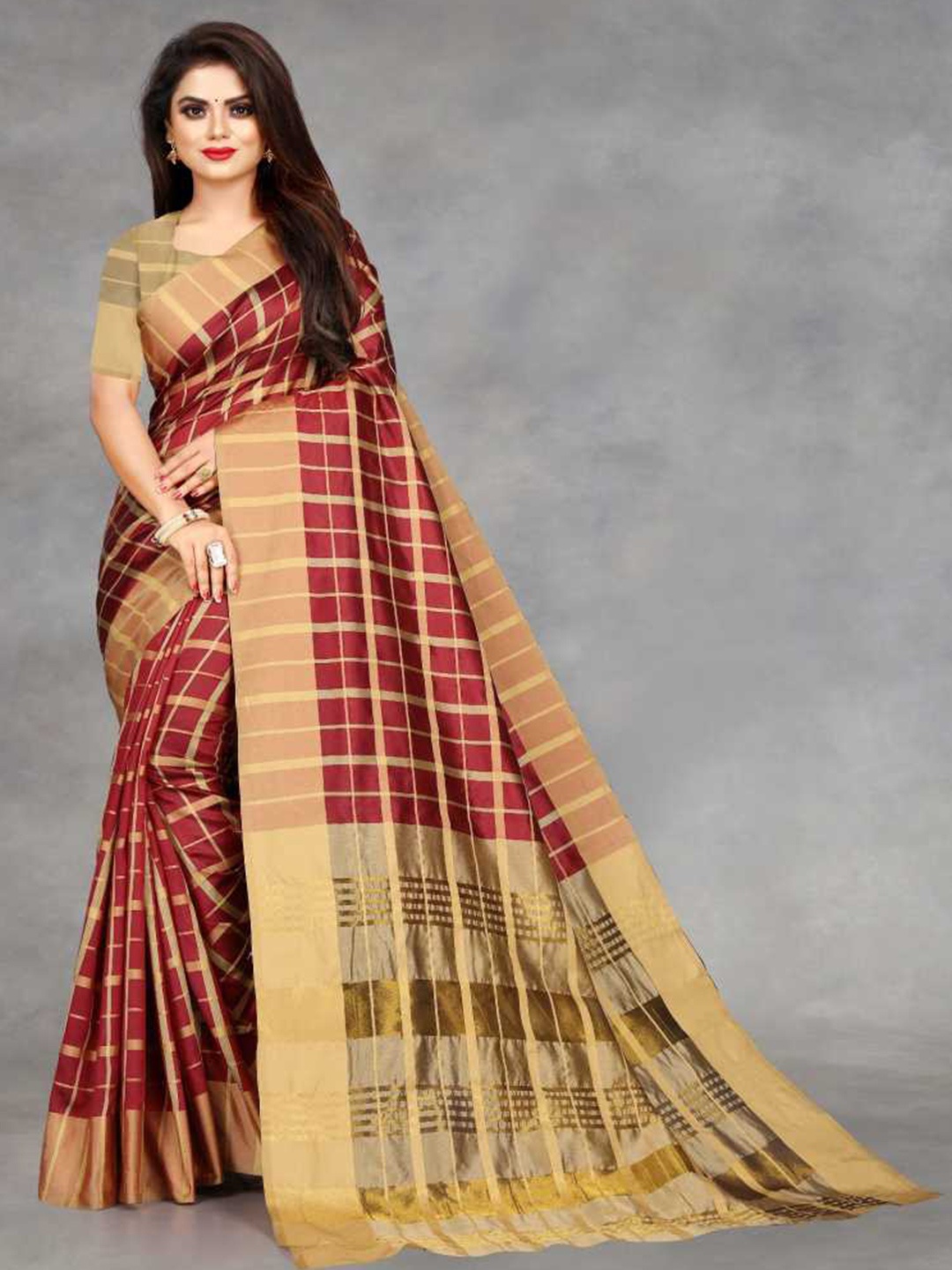 

SAADHVI Maroon & Golden Checked Zari Silk Blend Saree