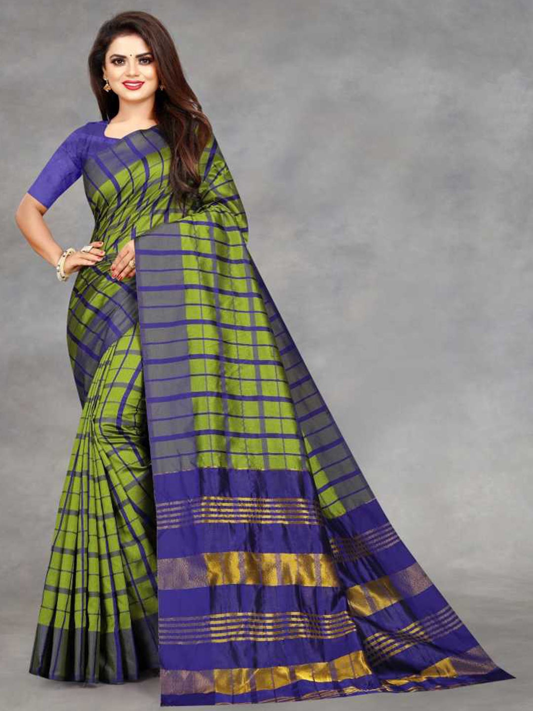 

SAADHVI Green & Blue Checked Silk Blend Saree