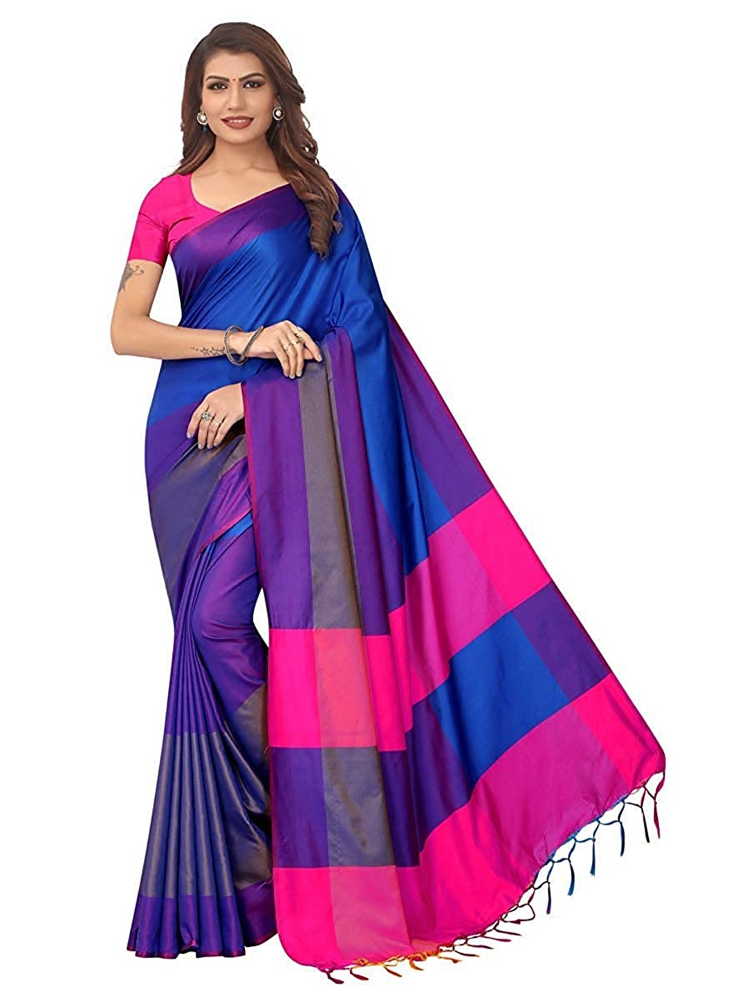 

SAADHVI Navy Blue & Purple Colourblocked Silk Blend Saree