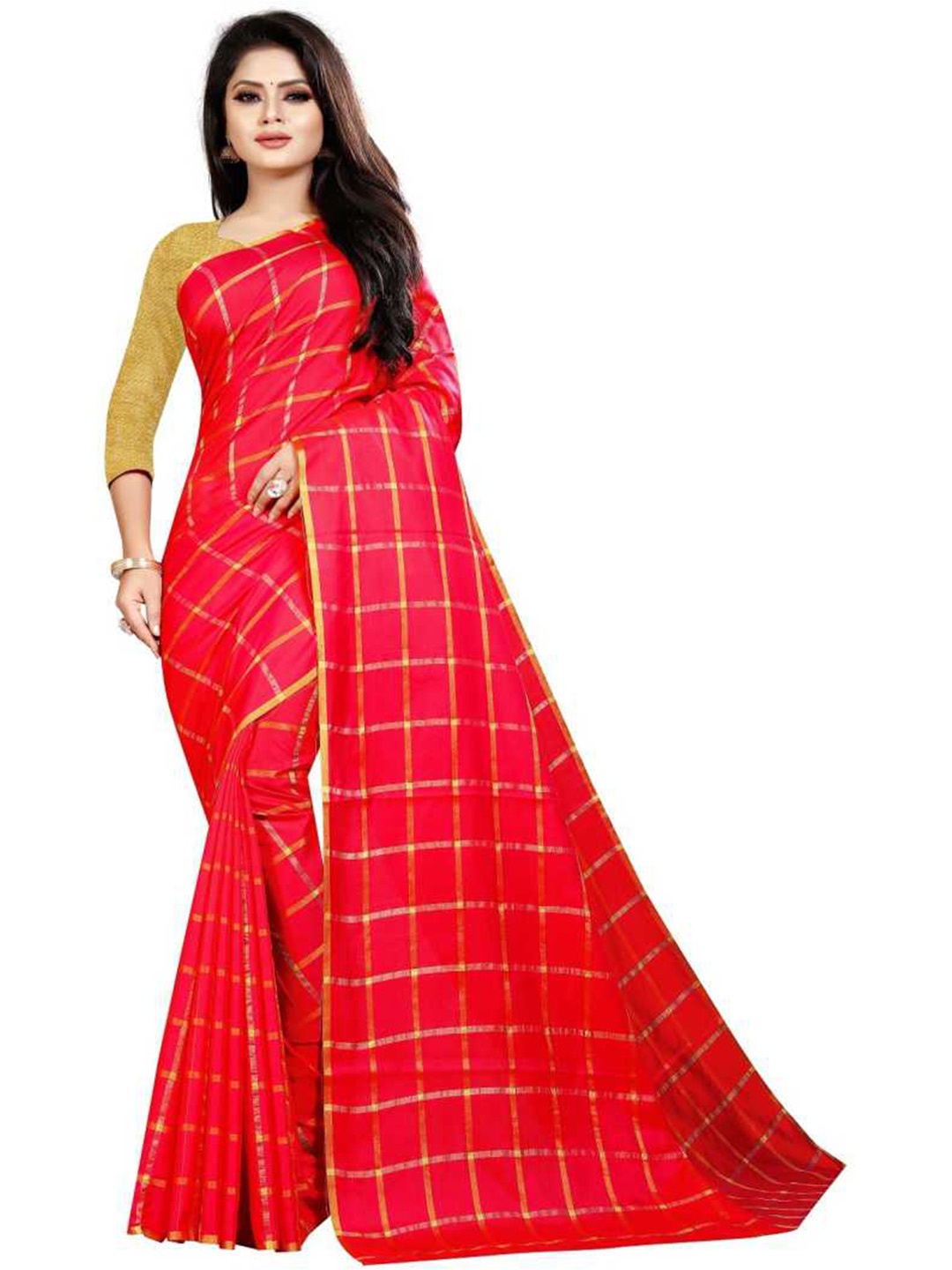 

SAADHVI Red & Gold-Toned Checked Zari Silk Blend Saree