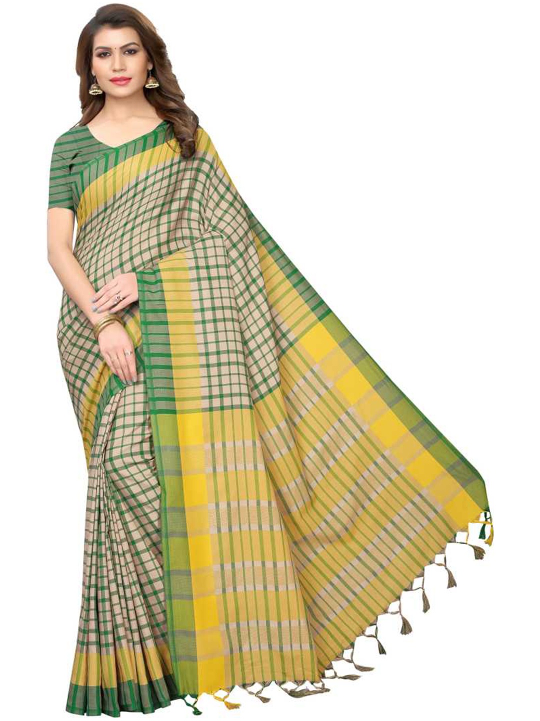 

SAADHVI Yellow & Green Checked Silk Blend Saree