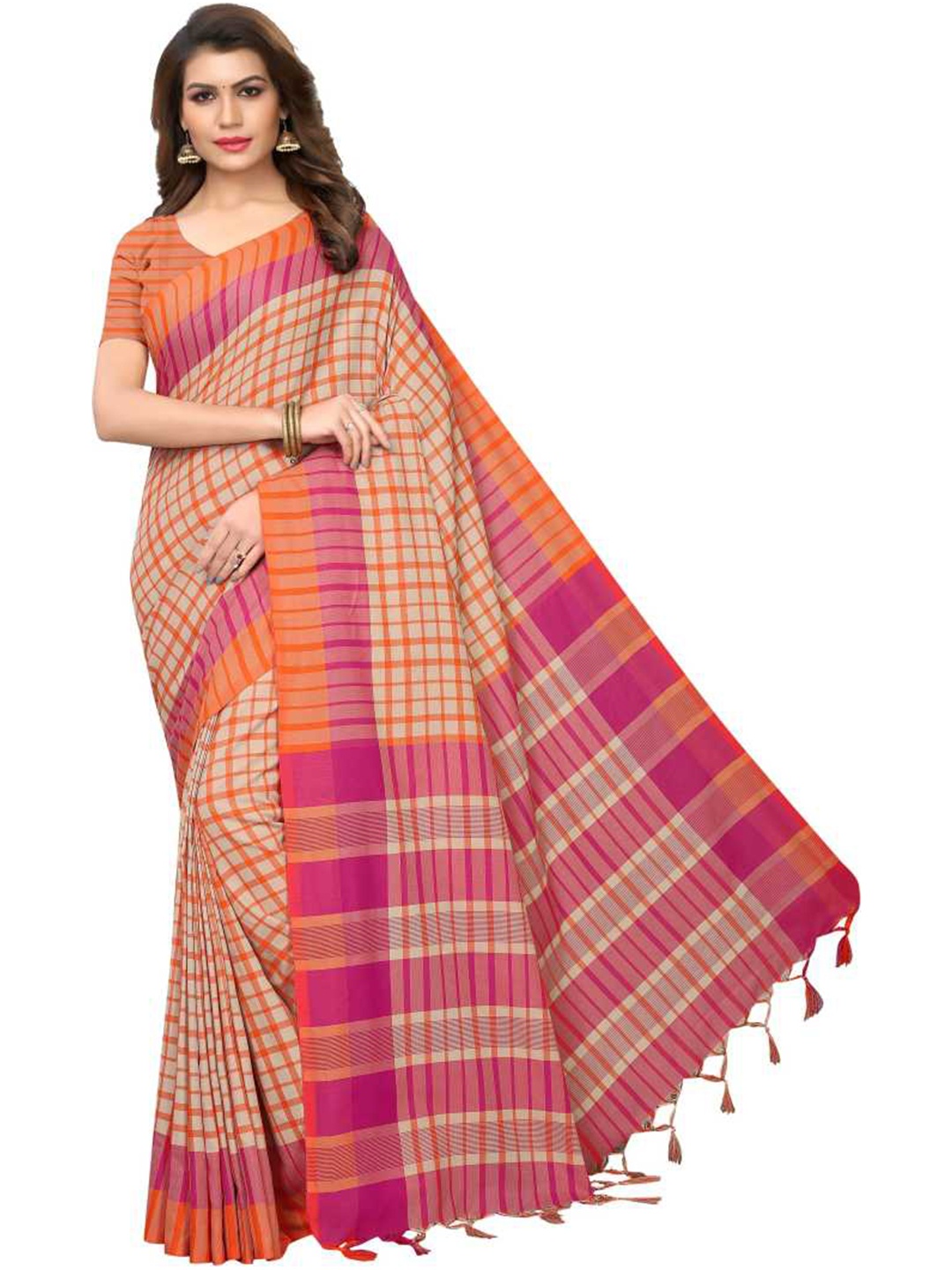

SAADHVI Orange & Fuchsia Checked Silk Blend Saree