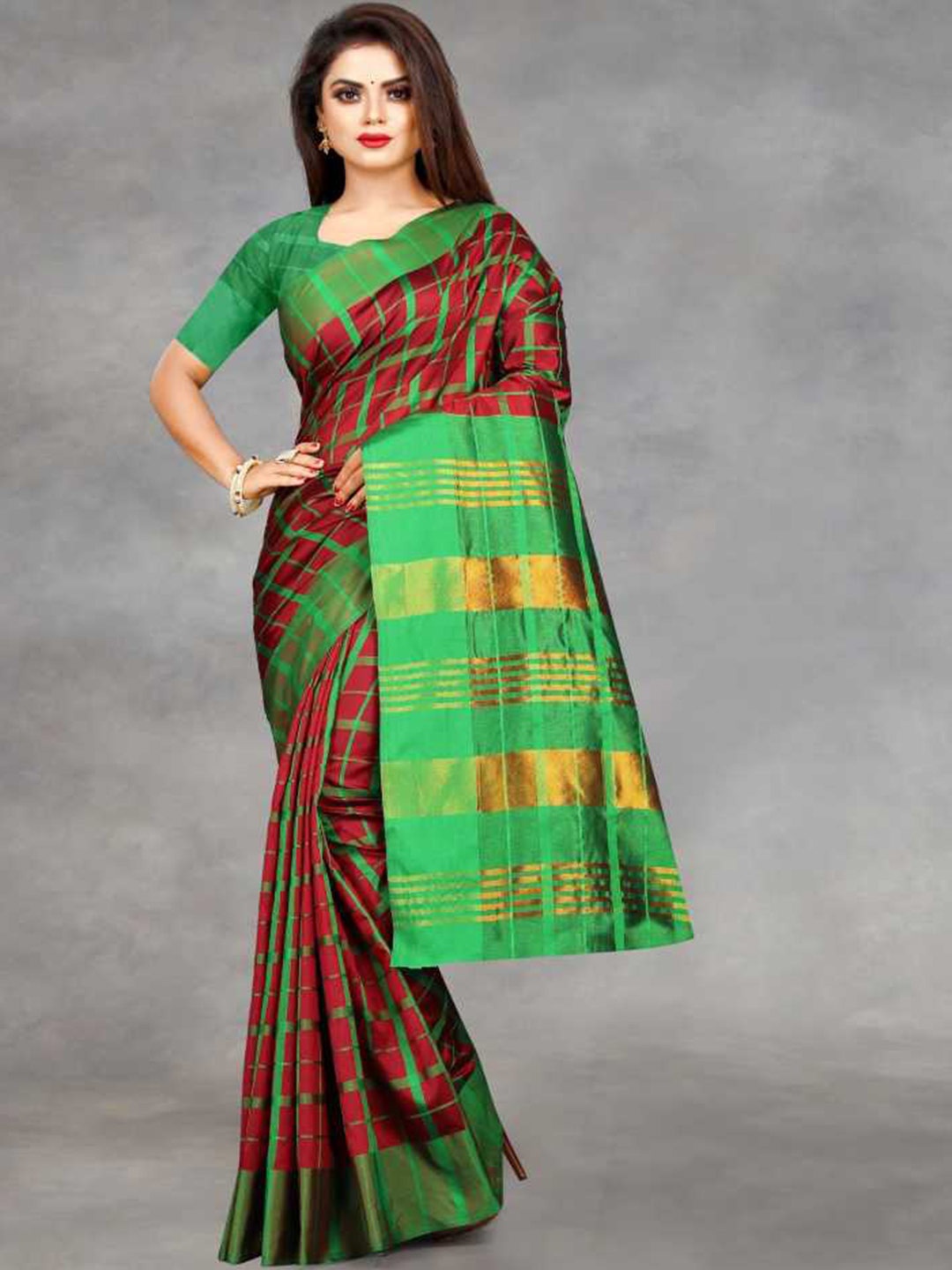 

SAADHVI Red & Green Checked Zari Silk Blend Saree