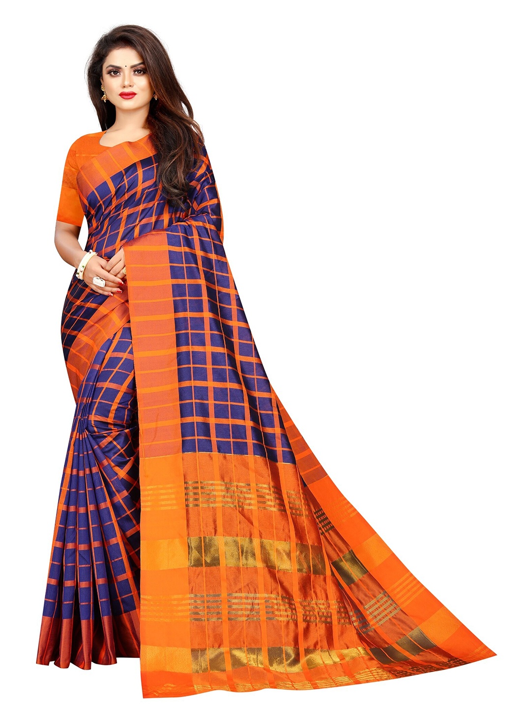 

SAADHVI Navy Blue & Orange Checked Zari Silk Blend Saree