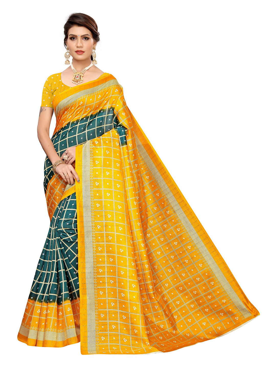 

SAADHVI Green & Mustard Bandhani Art Silk Saree