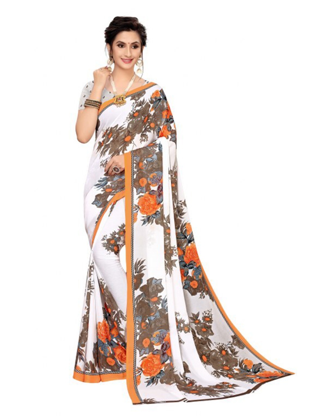 

SAADHVI Orange & White Floral Pure Georgette Saree