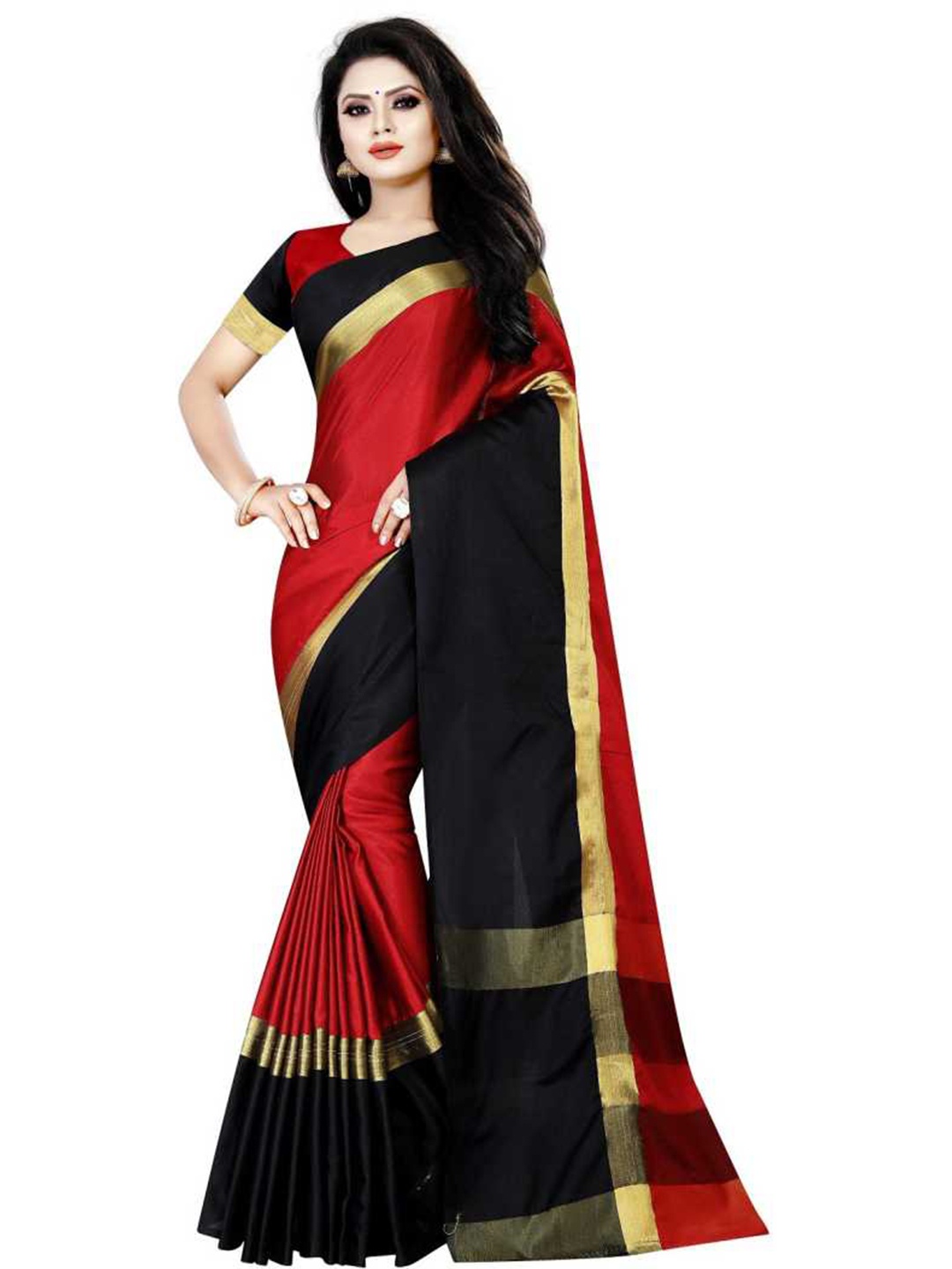 

SAADHVI Red & Black Colourblocked Silk Blend Saree