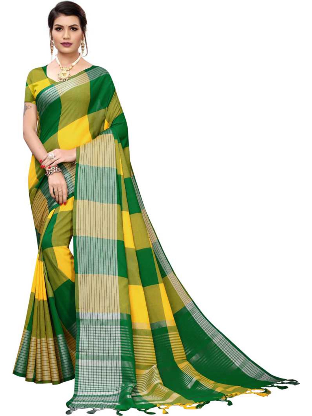 

SAADHVI Yellow & Green Checked Silk Blend Saree