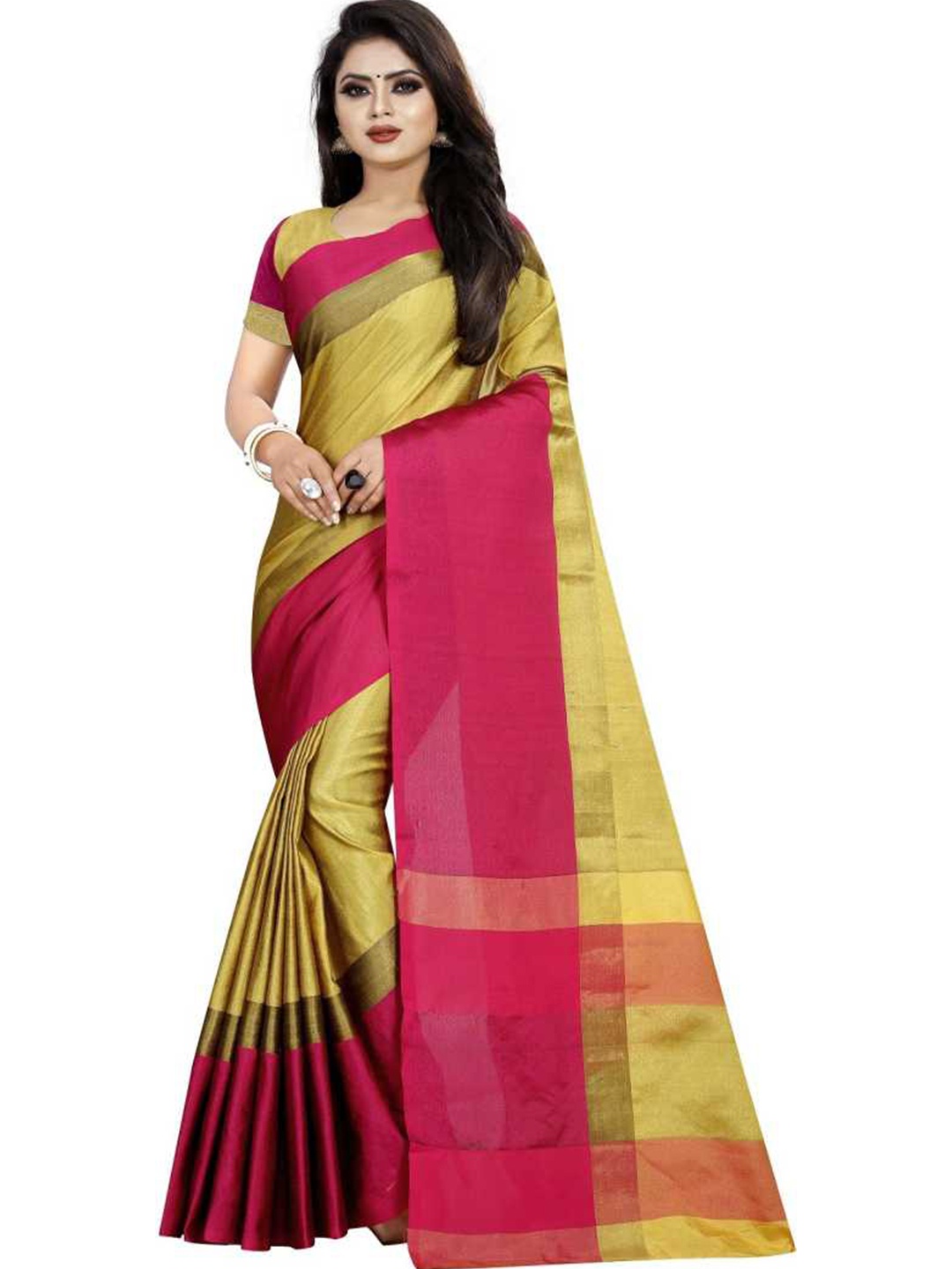 

SAADHVI Mustard & Pink Zari Silk Blend Saree