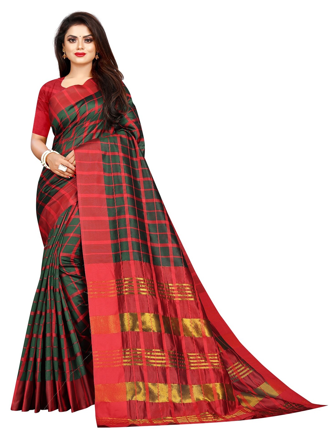 

SAADHVI Green & Red Checked Zari Silk Blend Saree