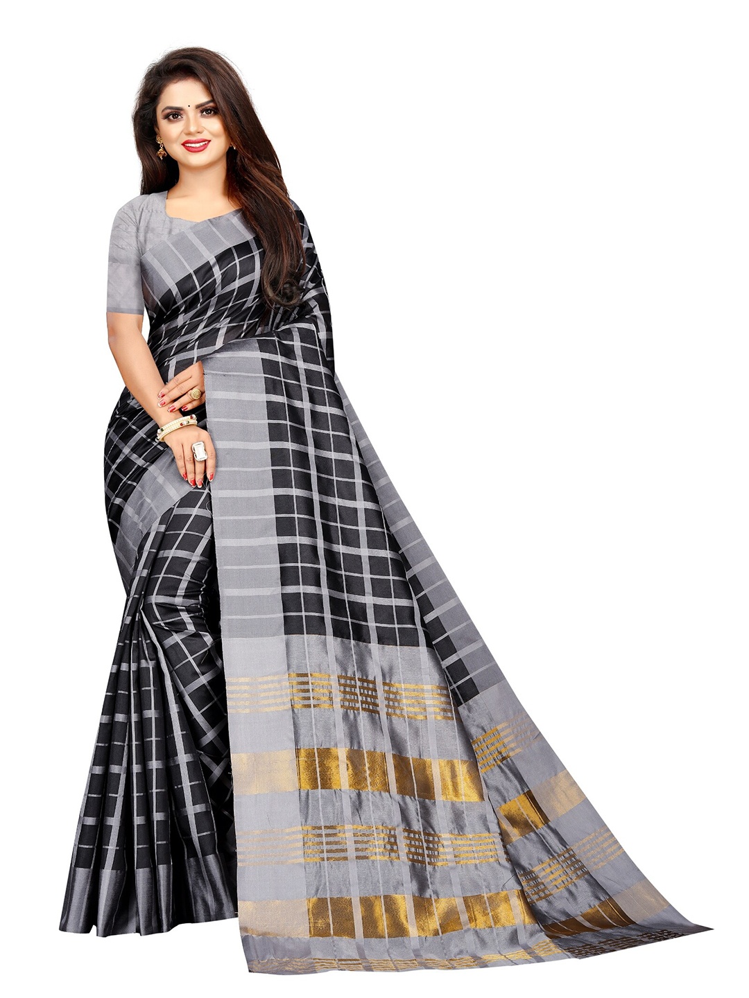 

SAADHVI Black & Grey Checked Silk Blend Saree