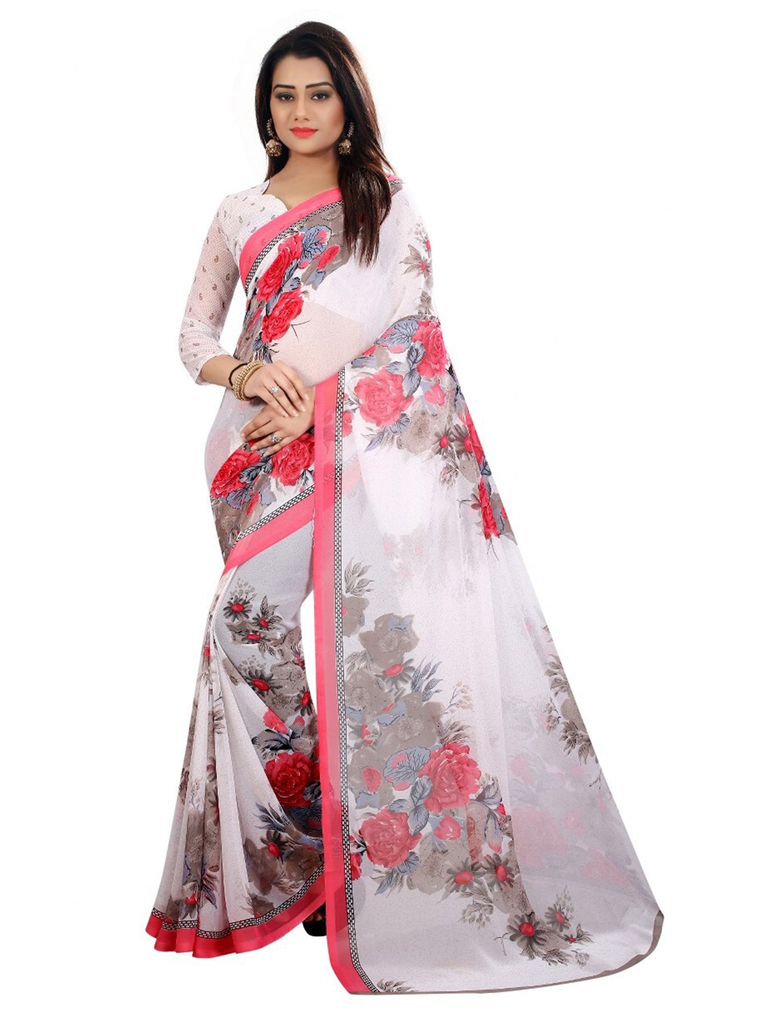 

SAADHVI White & Pink Floral Pure Georgette Saree