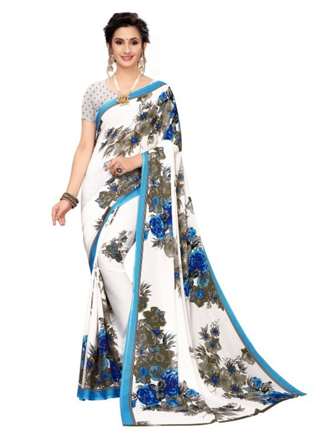 

SAADHVI Blue & White Floral Printed Pure Georgette Saree